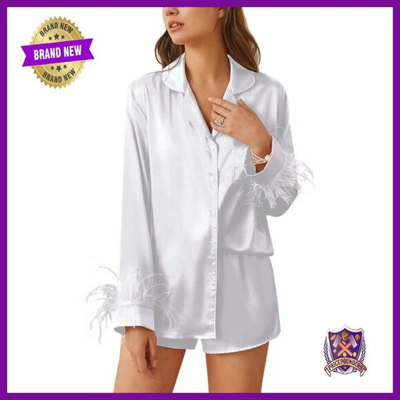 Other - Silk Satin Pajama Set with Removable Feather Trim, Long Sleeve